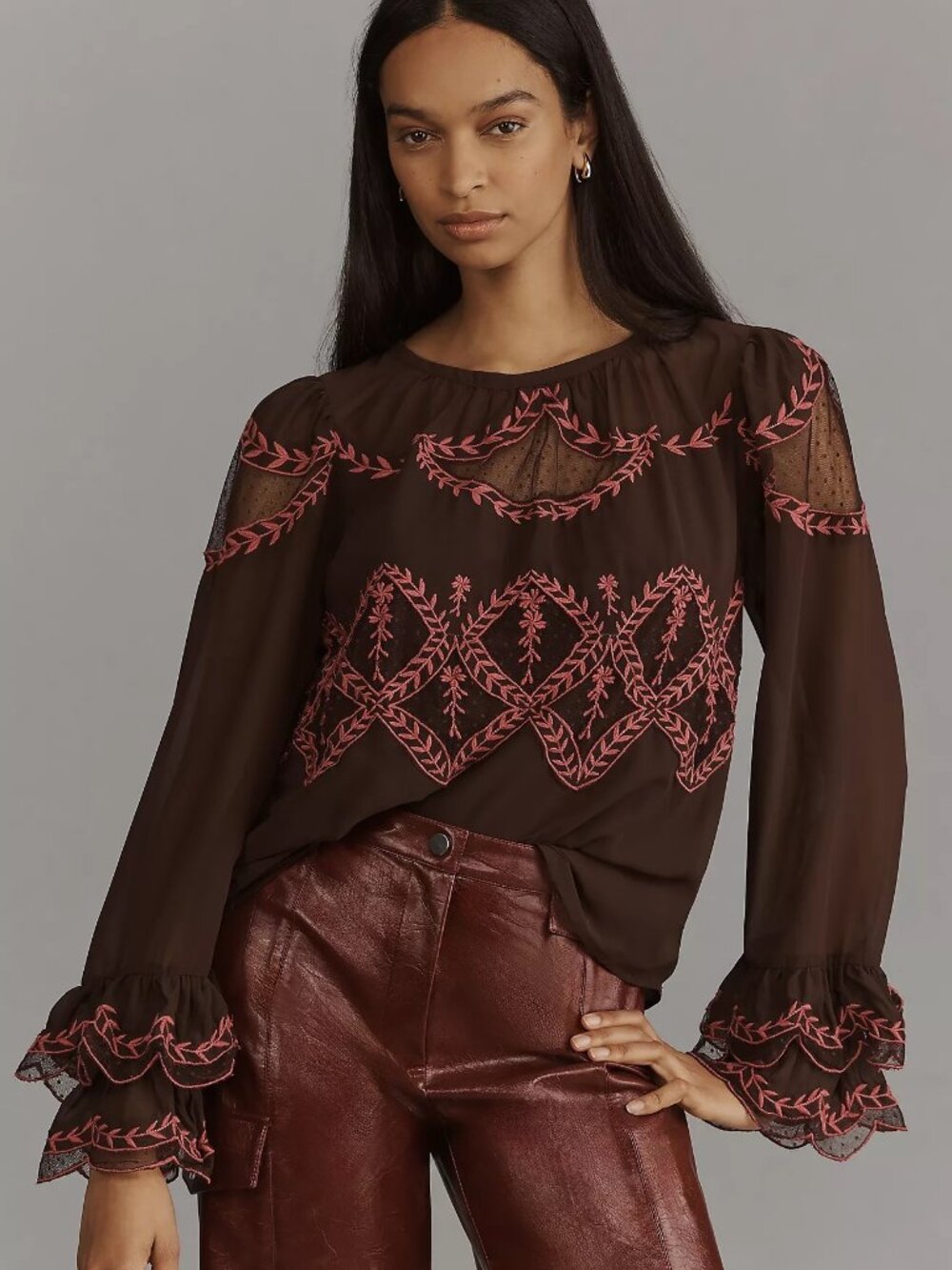 Anthropologie Long-Sleeve Appliqué Blouse Brown with Pink Embroidered Detail